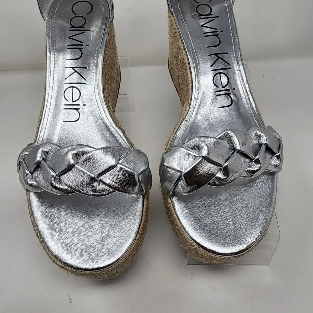 Calvin Klein Wedge Sandals Womens 8.5 Silver Thea Faux Leather Heels Shoes
